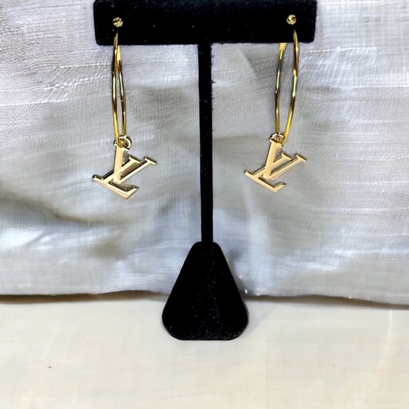 Upcycled Gold LV Louis Vuitton Stamped Charm Hoop Earrings - Picture 3 of 7